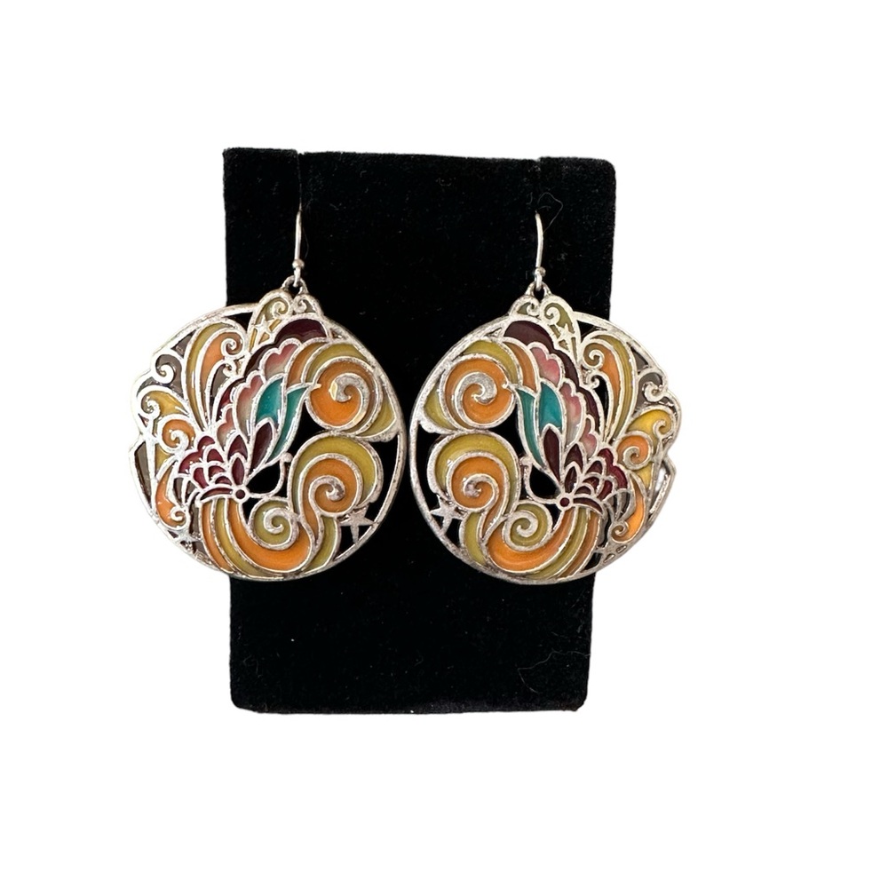Silver Enamel Butterfly Multicolor Round Disc Hook Earrings
